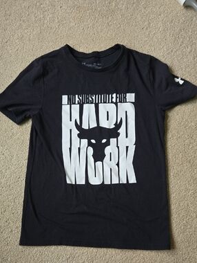 Under Armour Black Tee with White 'Hard Work' Bull Graphic